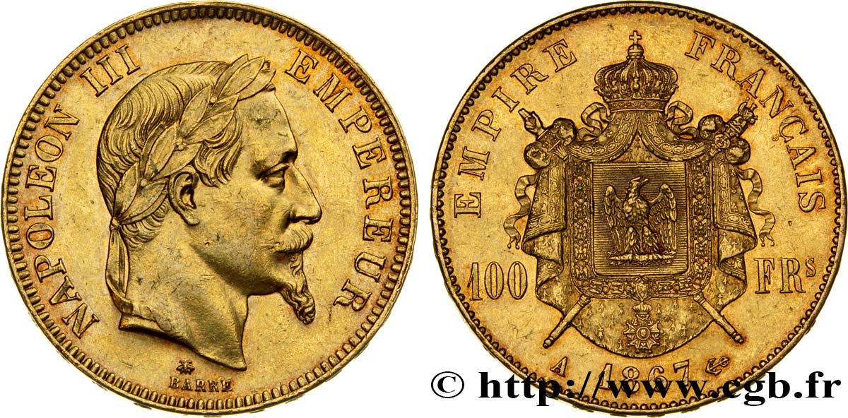 100 francs or Napoléon III, tête laurée 1867 Paris F.551/8 SS48 