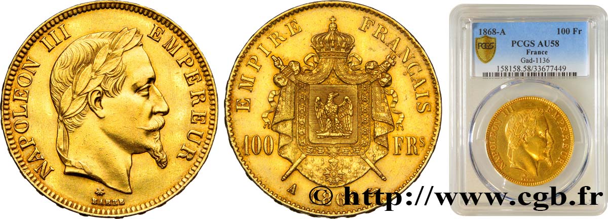 100 francs or Napoléon III, tête laurée 1868 Paris F.551/10 AU58 PCGS