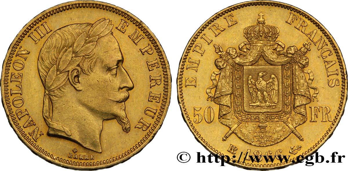 50 francs or Napoléon III, tête laurée 1866 Strasbourg F.548/7 SS50 