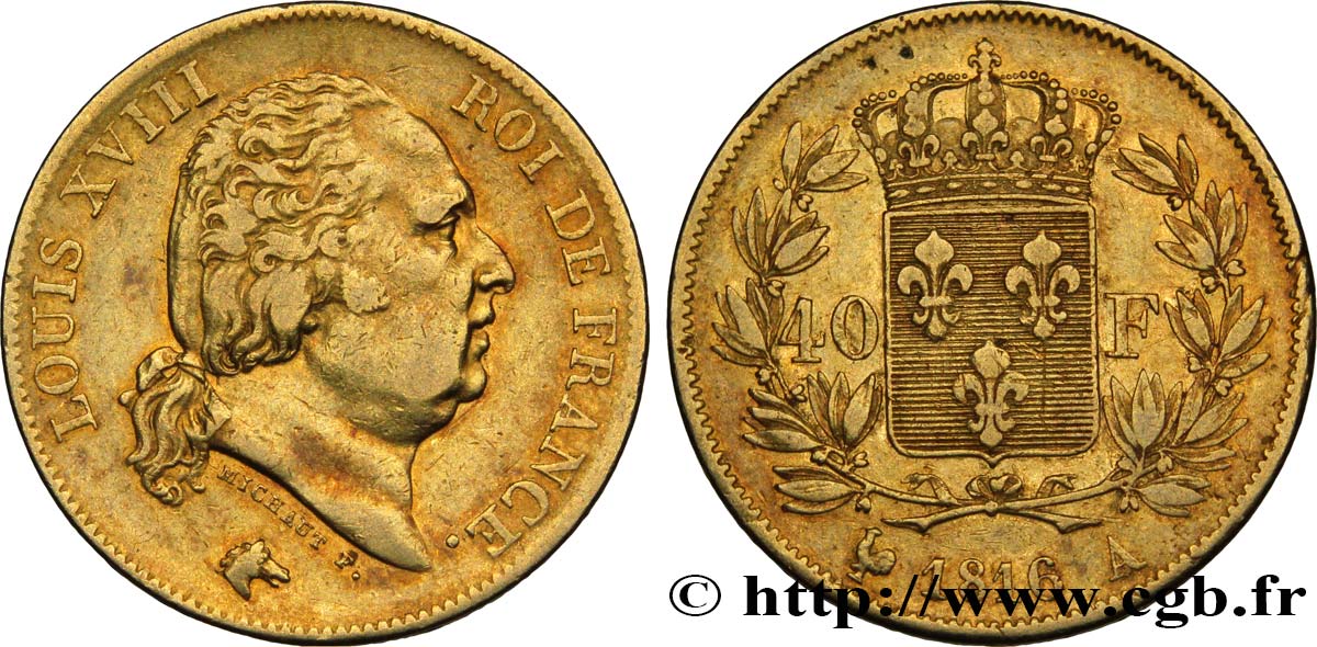 40 francs or Louis XVIII 1816 Paris F.542/1 BB40 
