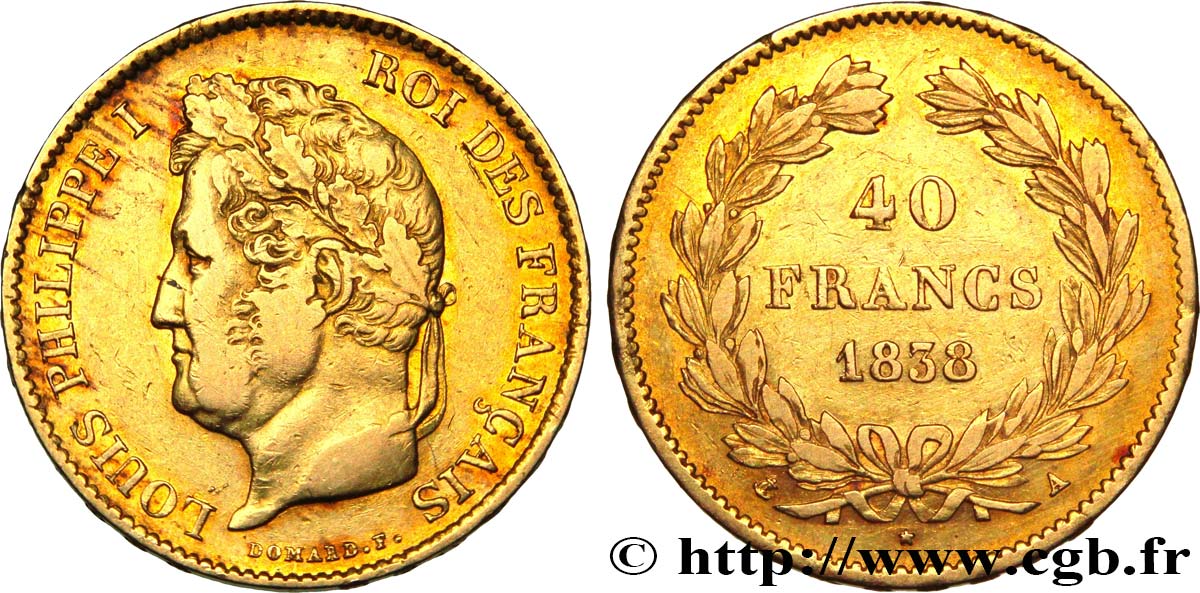 40 francs or Louis-Philippe 1838 Paris F.546/11 XF 