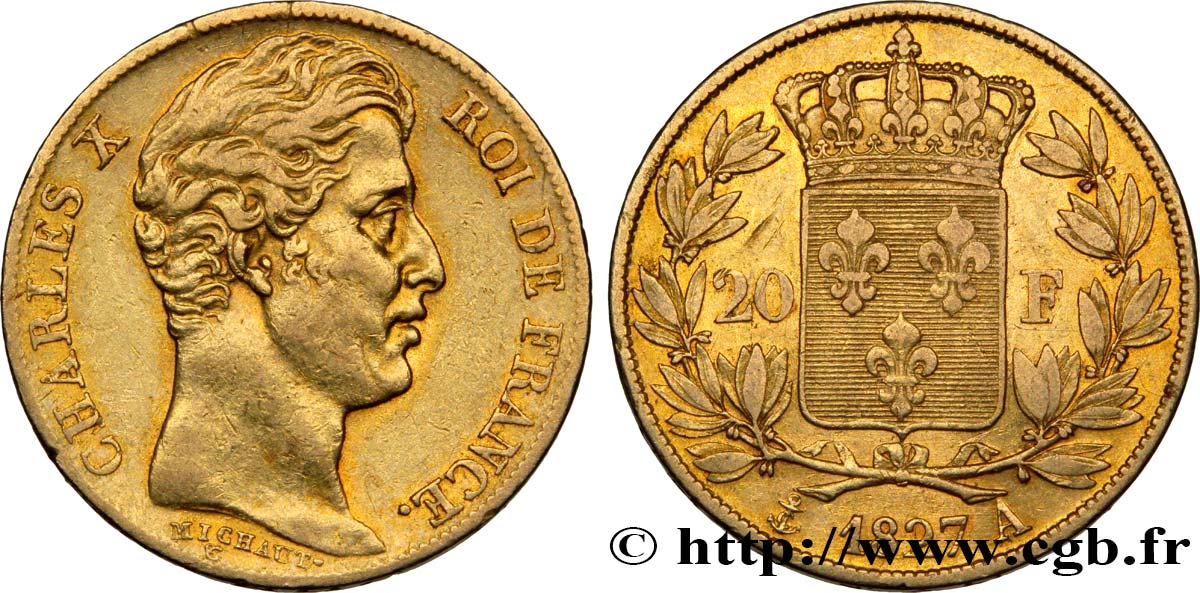 20 francs or Charles X, matrice du revers à quatre feuilles et demie 1827 Paris F.520/6 MBC45 