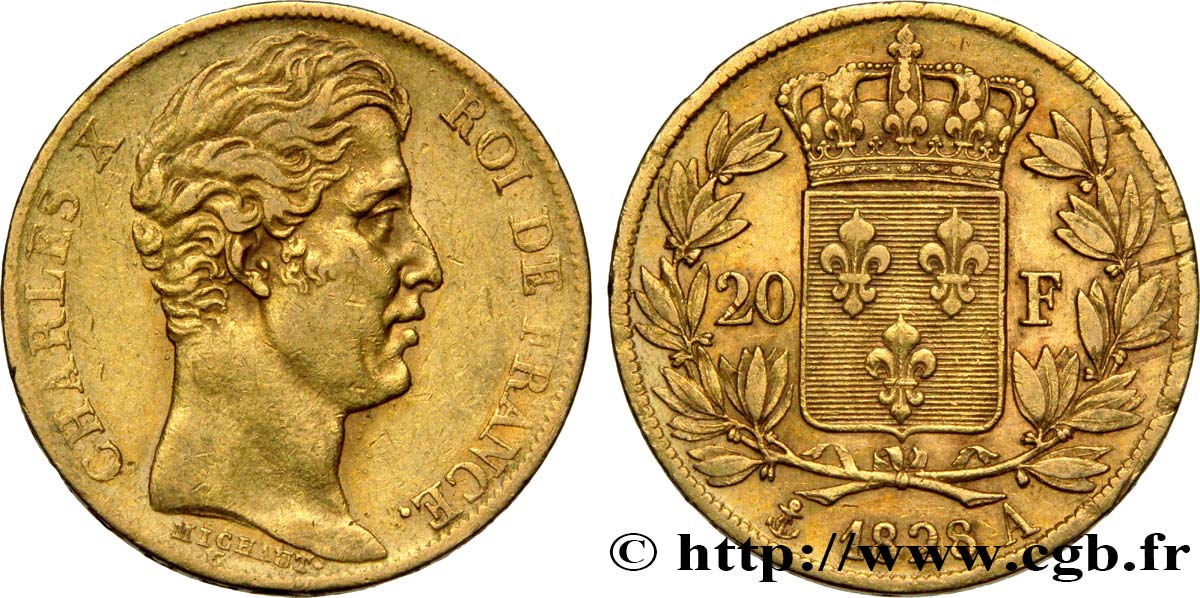 20 francs or Charles X, matrice du revers à quatre feuilles et demie 1828 Paris F.520/8 TTB45 