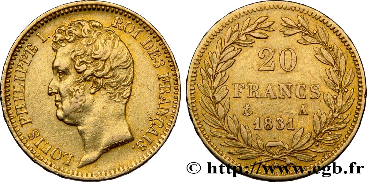 20 francs or Louis-Philippe, Tiolier, tranche inscrite en relief 1831 Paris F.525/2 XF45 