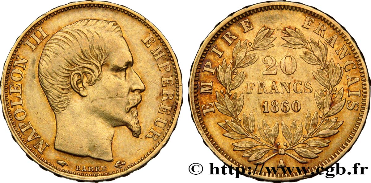 20 francs or Napoléon III, tête nue 1860 Paris F.531/17 SS45 
