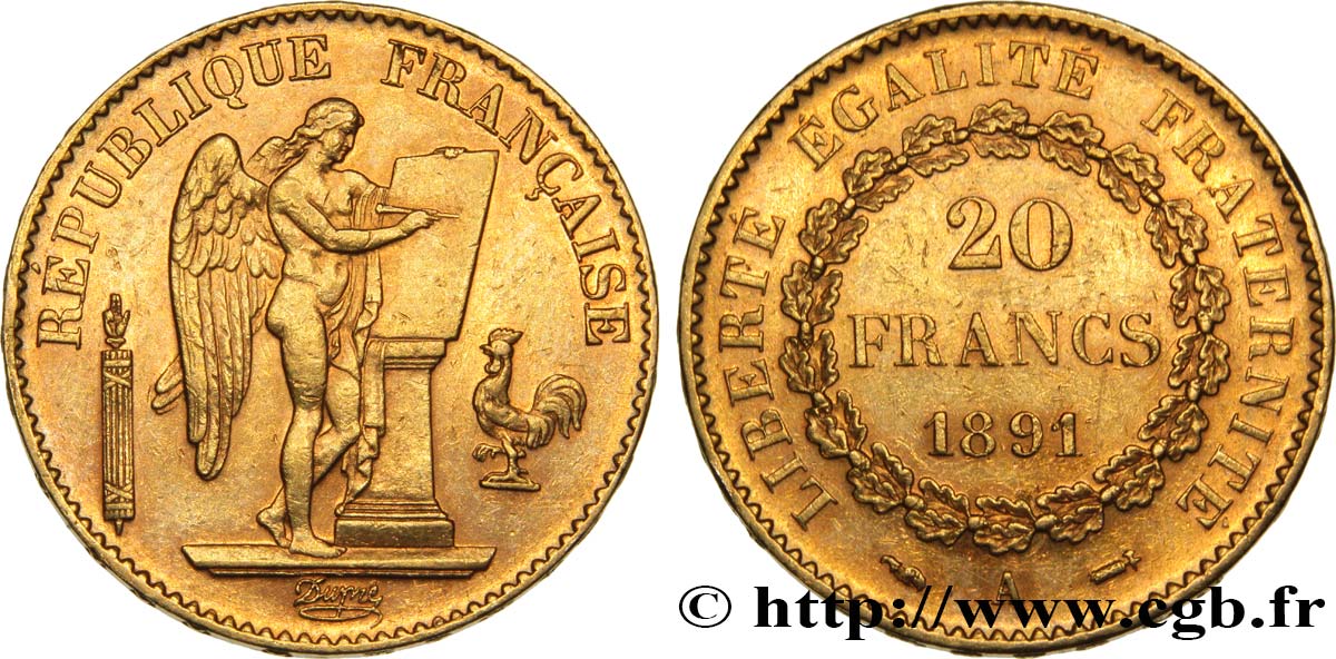 20 francs or Génie, IIIe République 1891 Paris F.533/15 BB50 