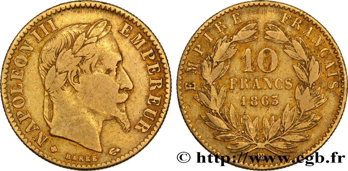 10 francs or Napoléon III, tête laurée, type définitif à grand 10 1863 Strasbourg F.507A/4 TTB40 