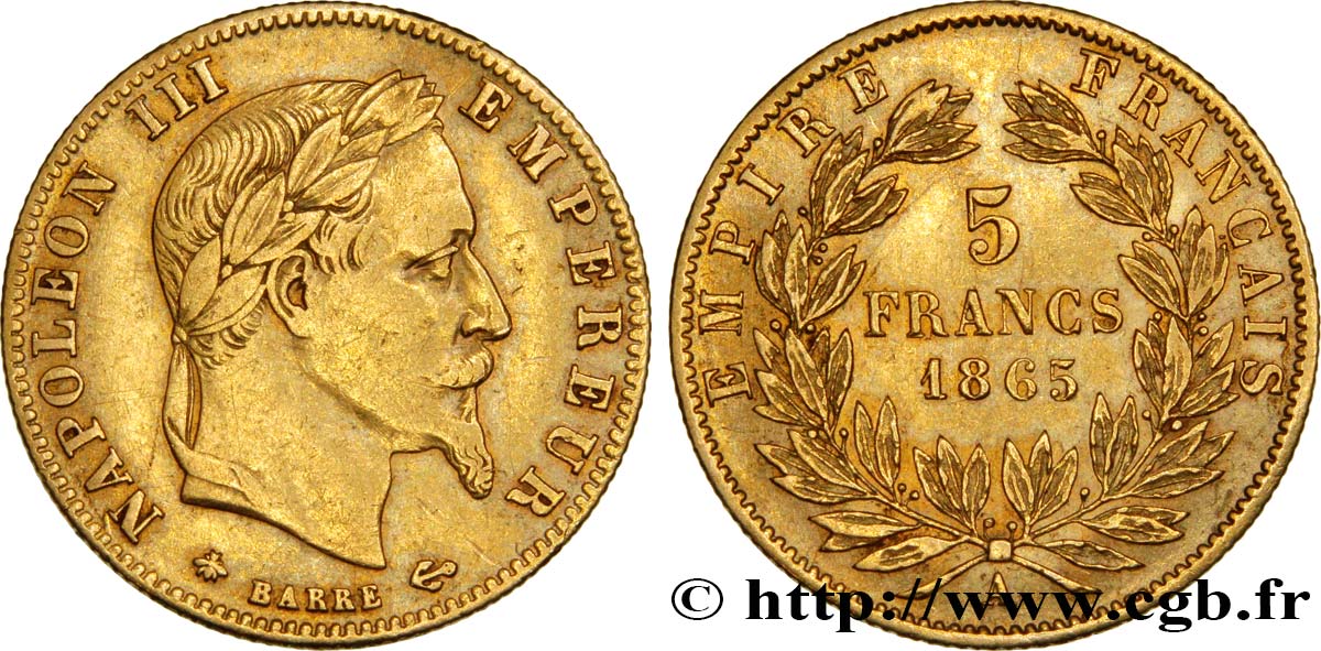 5 francs or Napoléon III, tête laurée 1865 Paris F.502/7 BB45 