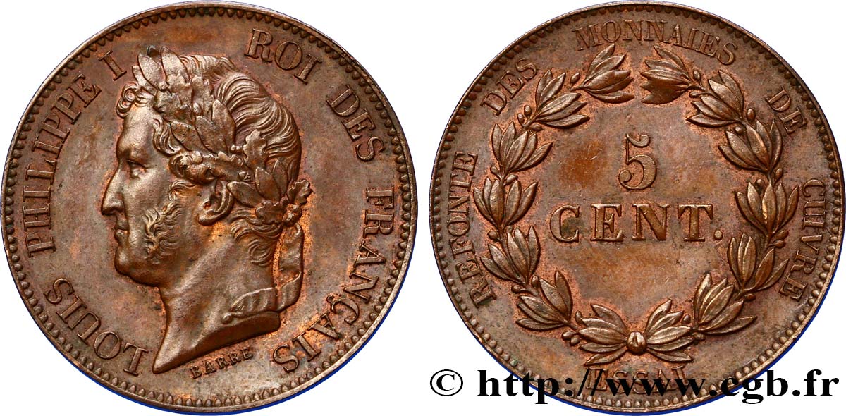 Essai de 5 centimes en bronze, signature BARRE 1840  VG.2917 var. SUP55 