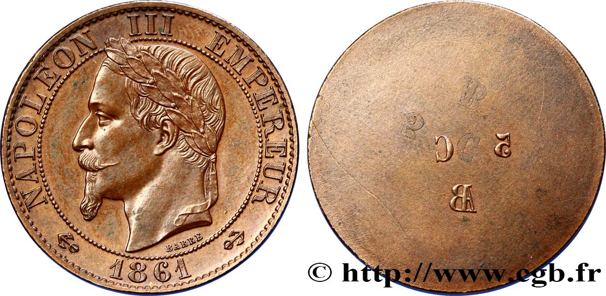 Essai uniface de Cinq centimes Napoléon III, tête laurée 1861  F.117/2 var. VZ60 