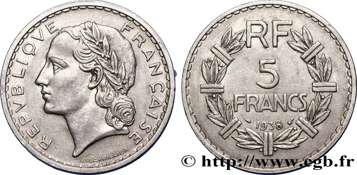 5 francs Lavrillier, nickel 1938  F.336/7 TTB45 
