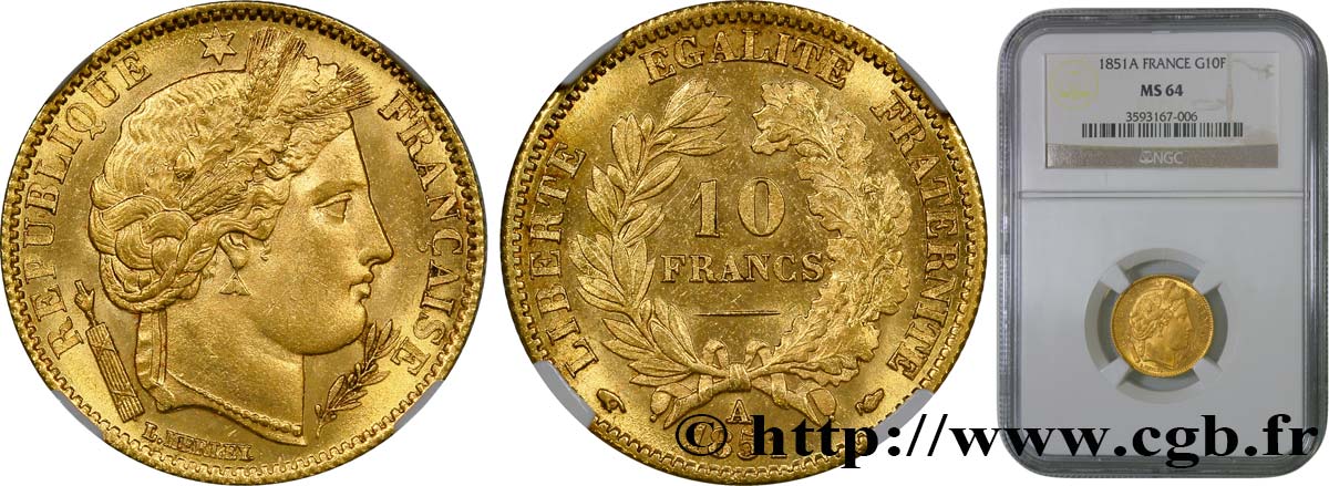 10 francs or Cérès, IIe République 1851 Paris F.504/3 fST64 NGC