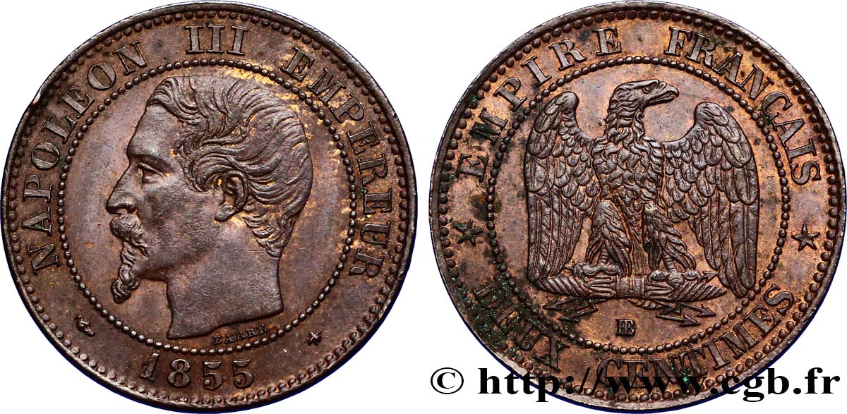 Deux centimes Napoléon III, tête nue 1855 Strasbourg F.107/23 MBC54 