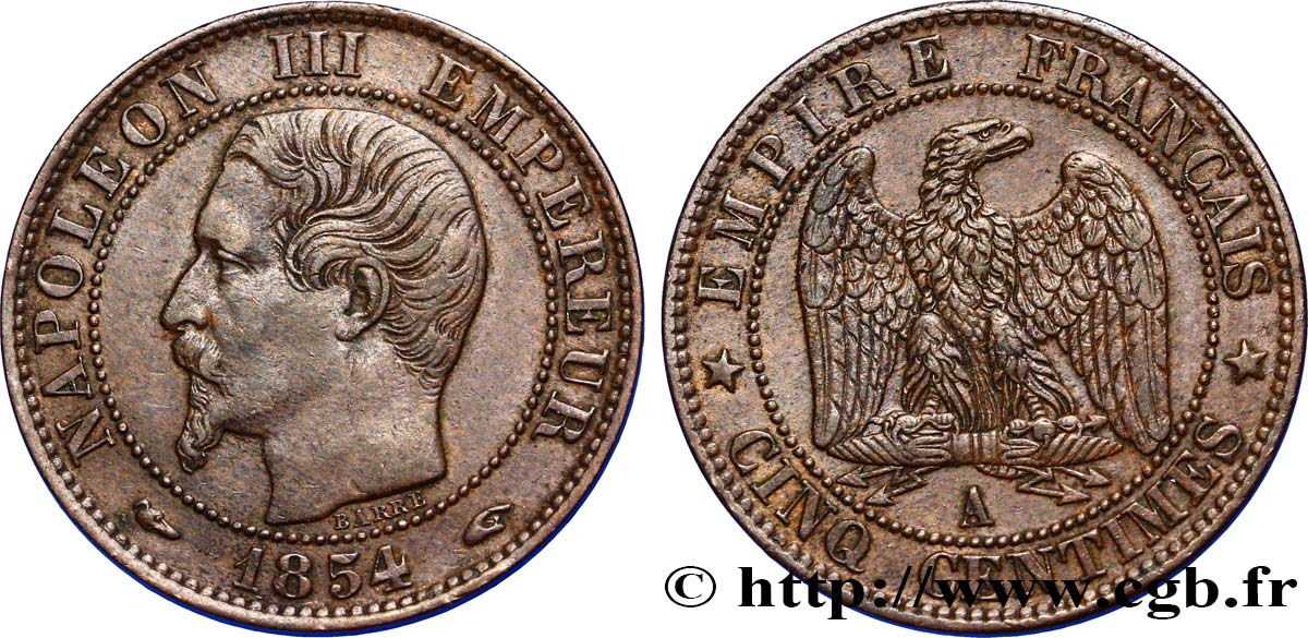 Cinq centimes Napoléon III, tête nue 1854 Paris F.116/8 MBC48 