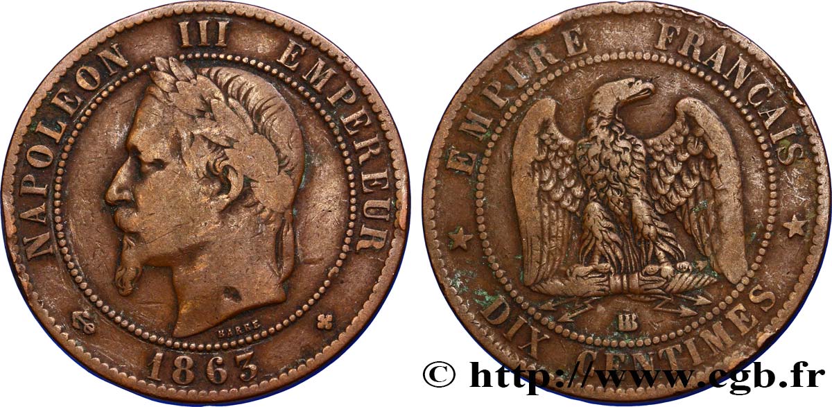 Dix centimes Napoléon III, tête laurée 1863 Strasbourg F.134/11 S35 