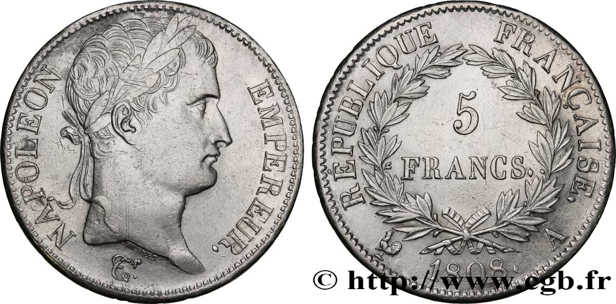 5 francs Napoléon Empereur, République française 1808 Paris F.306/2 BB48 