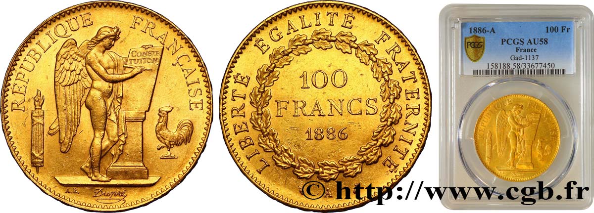 100 francs or Génie, tranche inscrite en relief Dieu protège la France 1886 Paris F.552/7 EBC58 PCGS