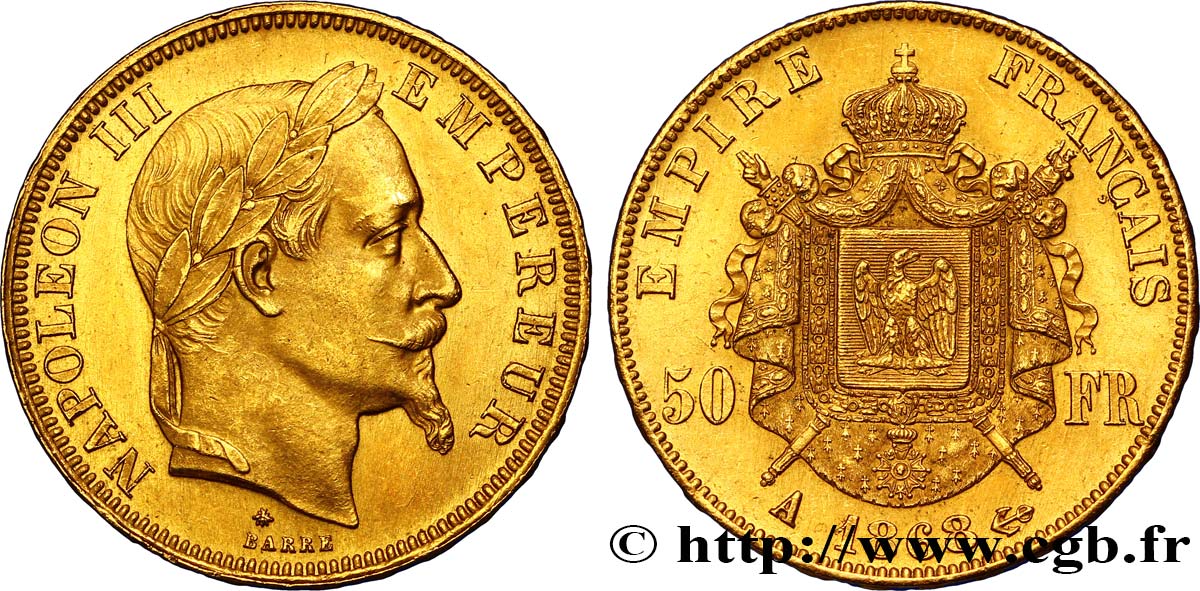 50 francs or Napoléon III, tête laurée 1868 Paris F.548/10 SUP55 