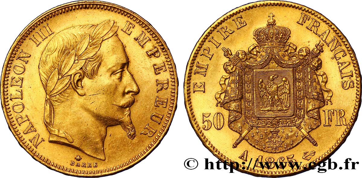 50 francs or Napoléon III, tête laurée 1865 Paris F.548/5 SUP58 