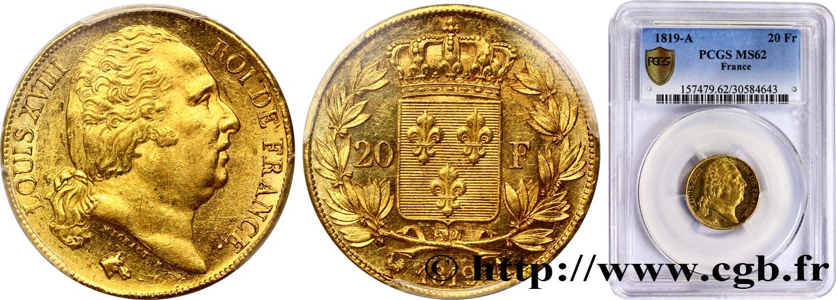 20 francs or Louis XVIII, tête nue 1819 Paris F.519/15 EBC62 PCGS