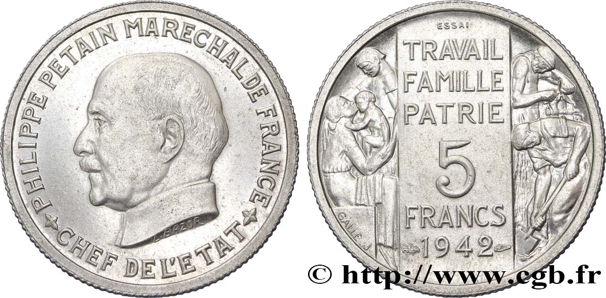 Essai grand module de 5 francs Pétain en aluminium de Bazor et Galle 1942  VG.5610  MS63 