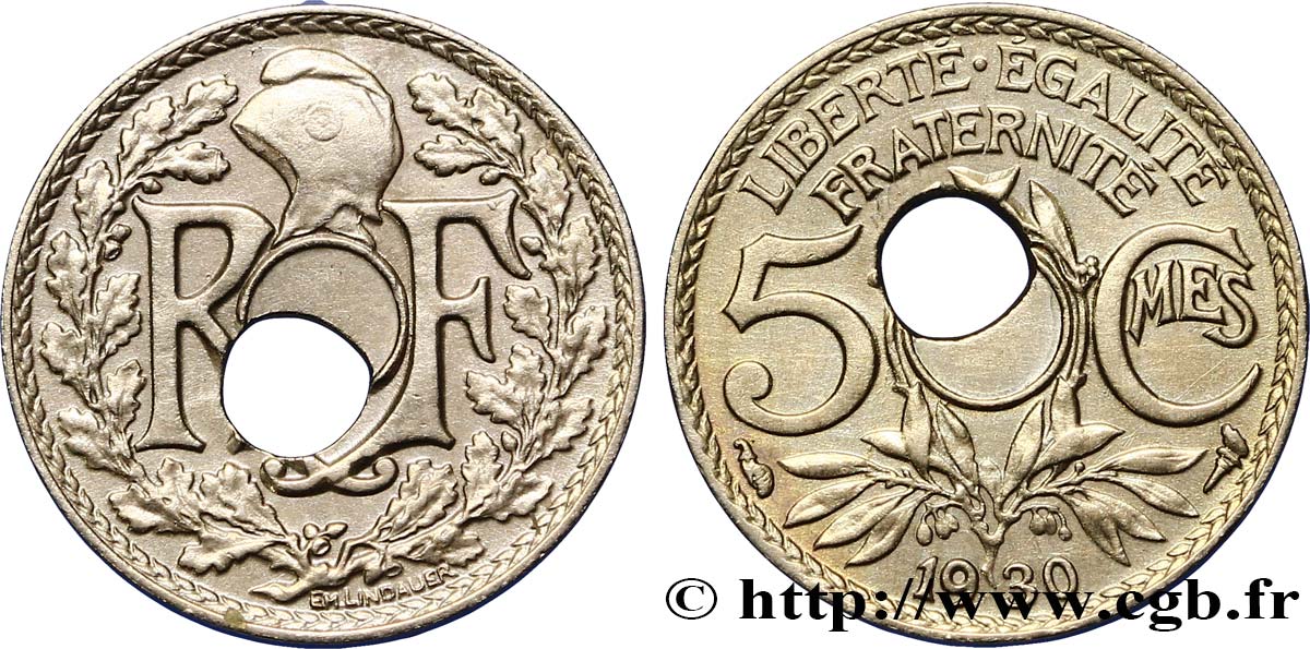 5 centimes Lindauer, petit module, perforation décentrée 1930 Paris F.122/13 var. XF48 