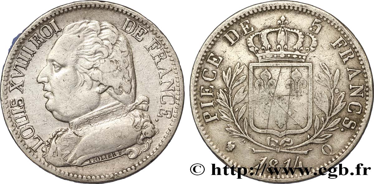 5 francs Louis XVIII, buste habillé 1814 Perpignan F.308/11 VF35 