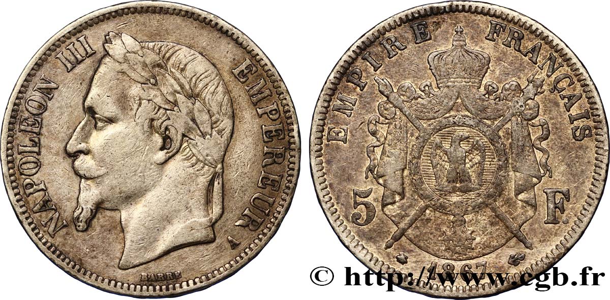 5 francs Napoléon III, tête laurée 1867 Paris F.331/10 TB30 