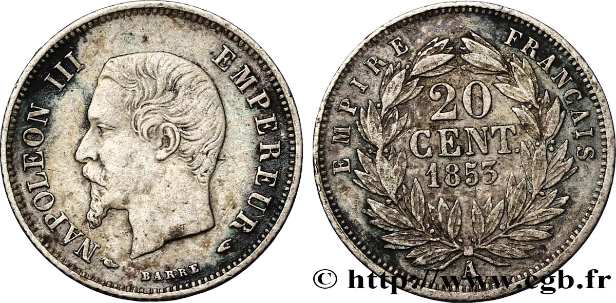 20 centimes Napoléon III, tête nue 1853 Paris F.148/1 TB35 