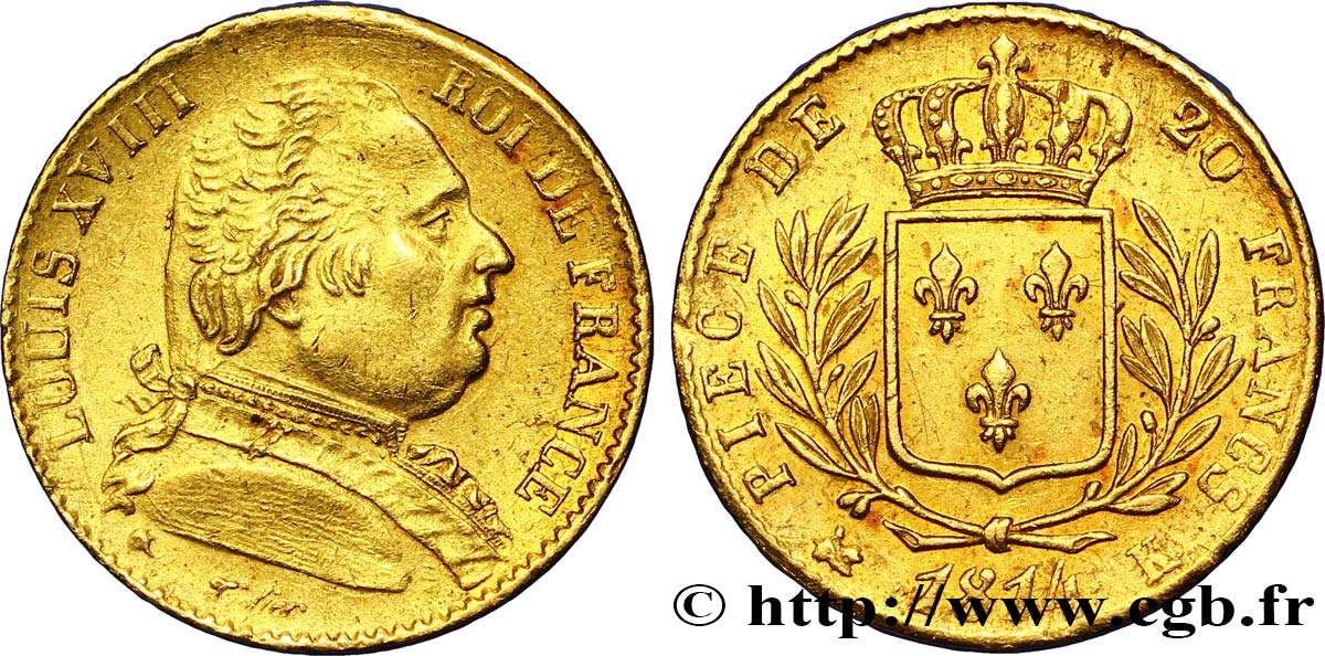 20 francs or Louis XVIII, buste habillé 1814 Bordeaux F.517/4 XF45 