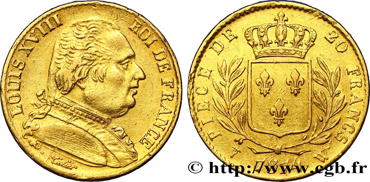 20 francs or Louis XVIII, buste habillé 1814 Lille F.517/9 TTB45 