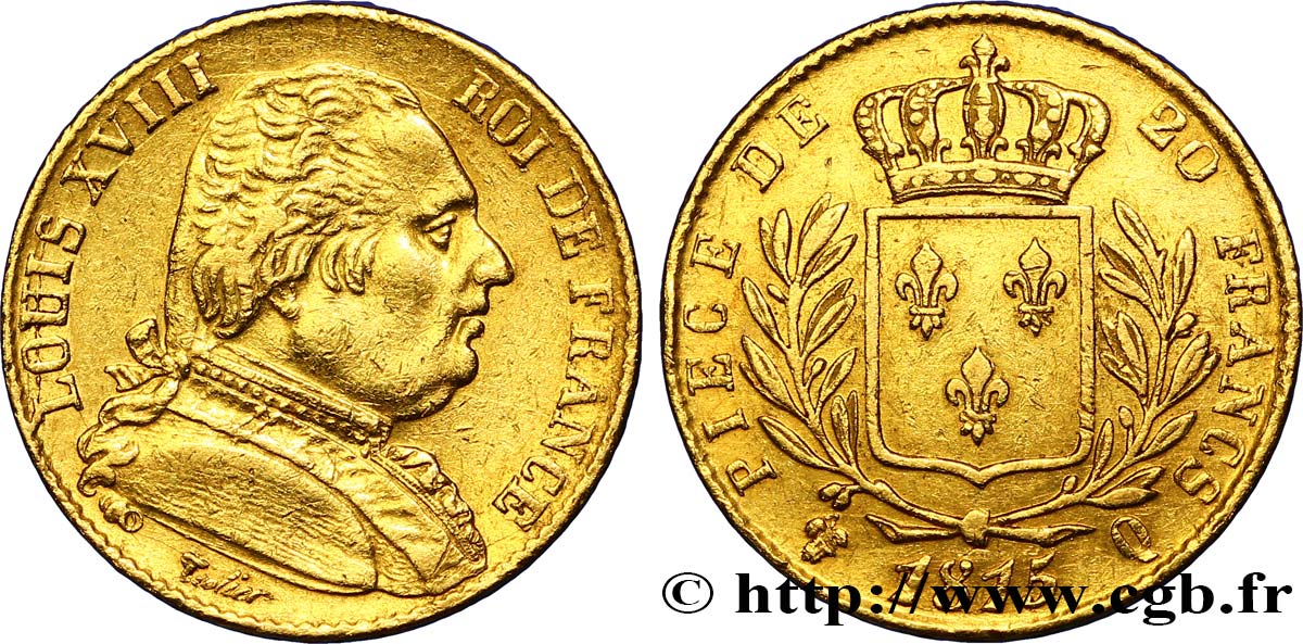 20 francs or Louis XVIII, buste habillé 1815 Perpignan F.517/16 TTB45 