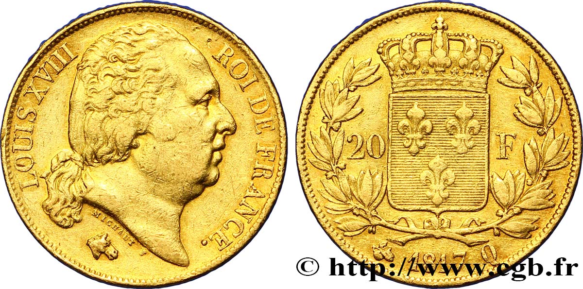 20 francs or Louis XVIII, tête nue 1817 Perpignan F.519/8 TTB42 