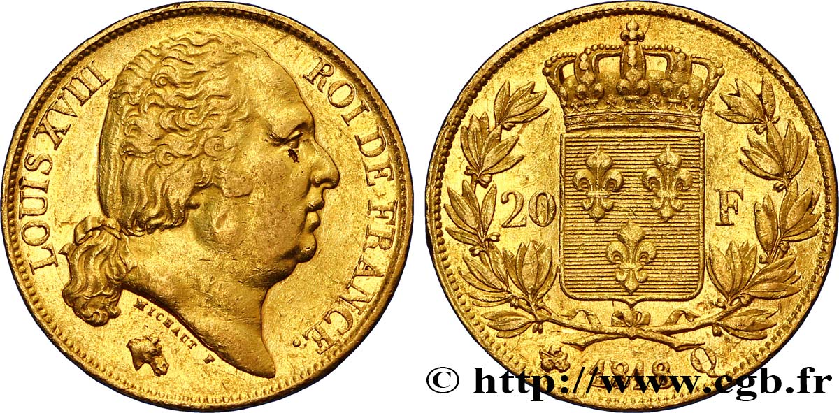 20 francs or Louis XVIII, tête nue 1818 Perpignan F.519/12 XF45 