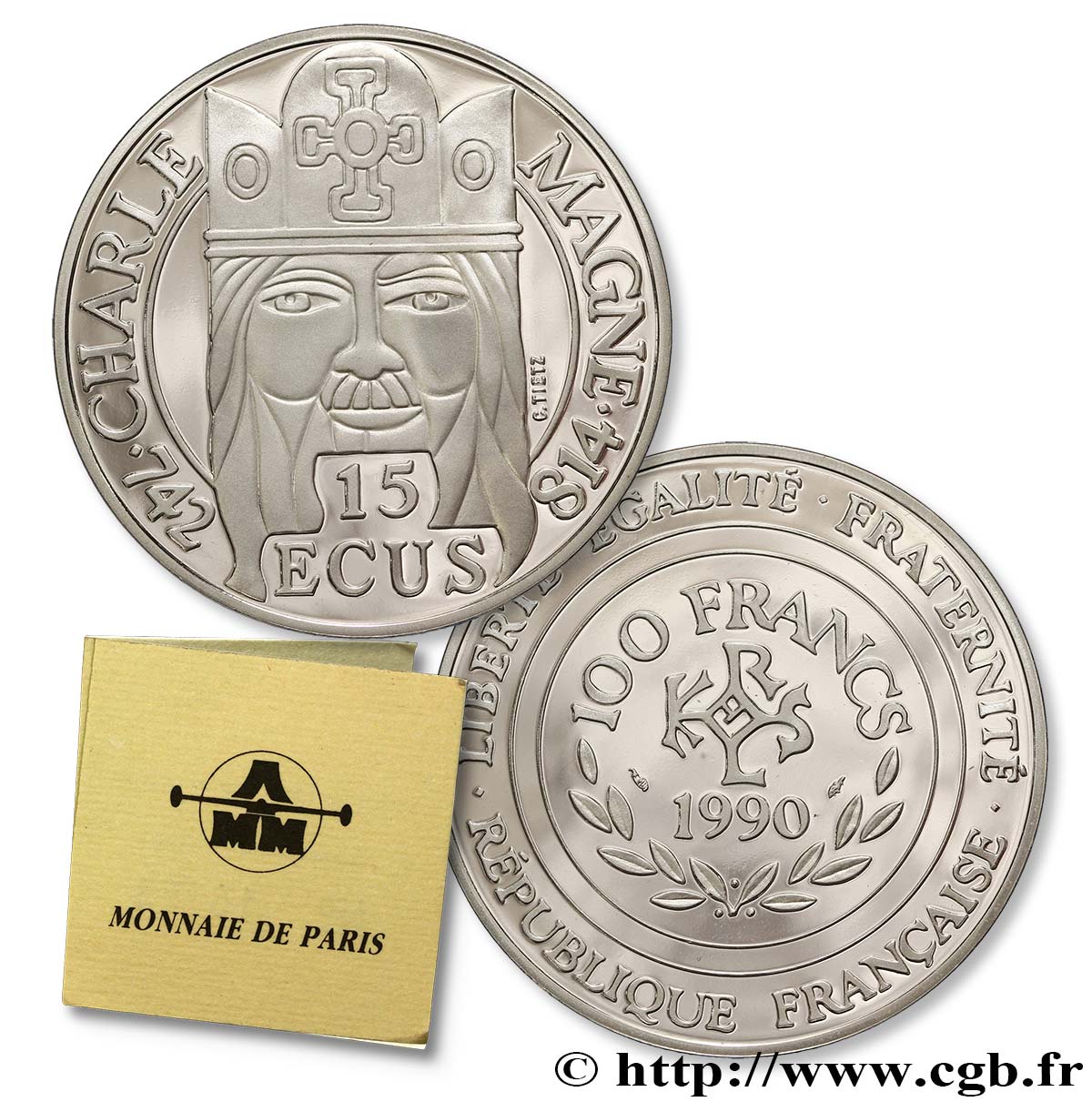 Belle Epreuve 15 écus / 100 francs Charlemagne 1990 Paris F.2000 1 FDC70 