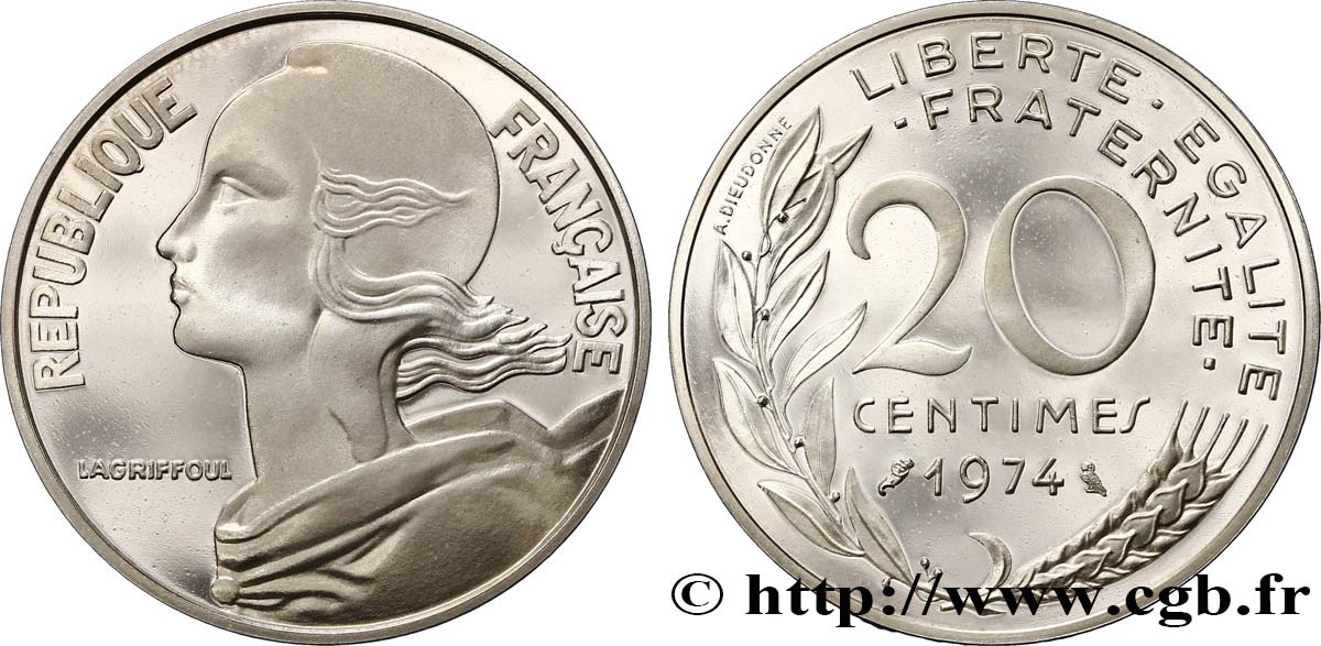 Piéfort argent de 20 centimes Marianne 1974 Pessac F.156/14P ST68 