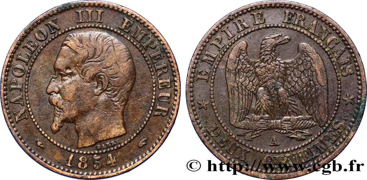 Deux centimes Napoléon III, tête nue 1854 Paris F.107/9 BB45 