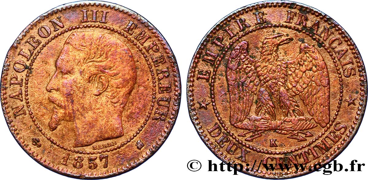 Deux centimes Napoléon III, tête nue 1857 Bordeaux F.107/49 TB35 