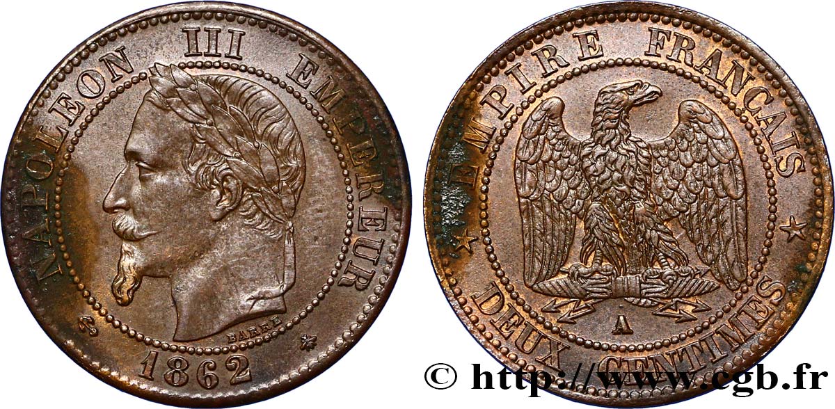 Deux centimes Napoléon III, tête laurée 1862 Paris F.108A/4 TTB45 