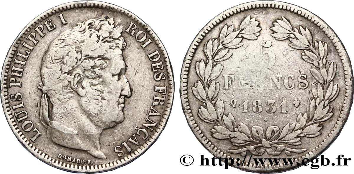 5 francs Ier type Domard, tranche en relief 1831 Perpignan F.320/11 VF25 