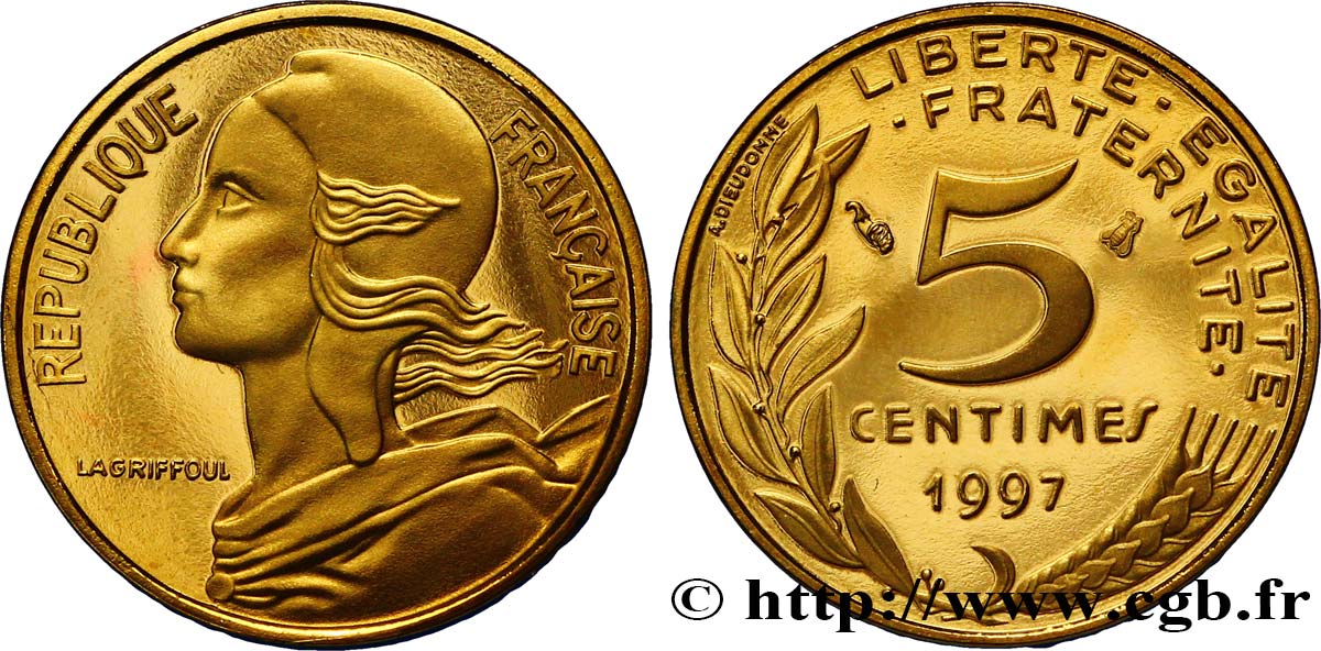 5 centimes Marianne, BE (Belle Épreuve), 4 plis 1997 Pessac F.125/40 var. MS67 