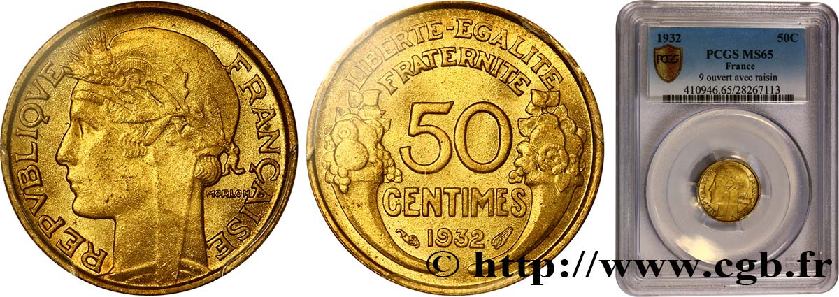 50 centimes Morlon, avec raisin sans fruit, 9 et 2 ouverts 1932  F.192/7 MS65 PCGS