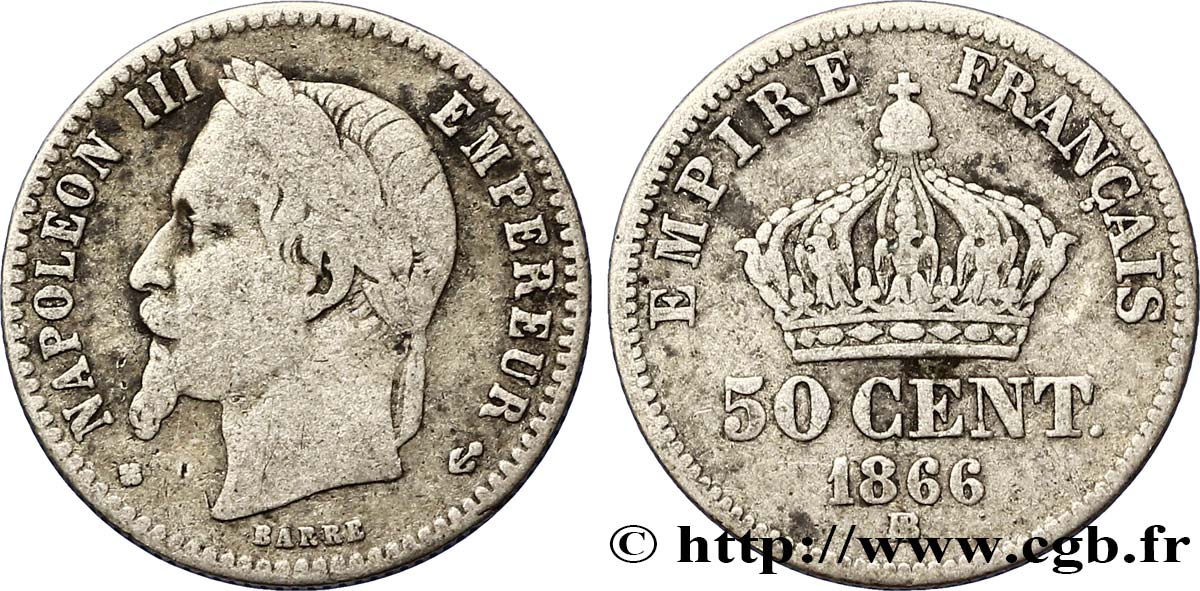 50 centimes Napoléon III, tête laurée 1866 Strasbourg F.188/10 VF20 