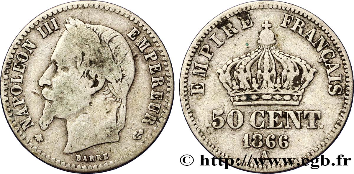 50 centimes Napoléon III, tête laurée 1866 Paris F.188/9 BC20 