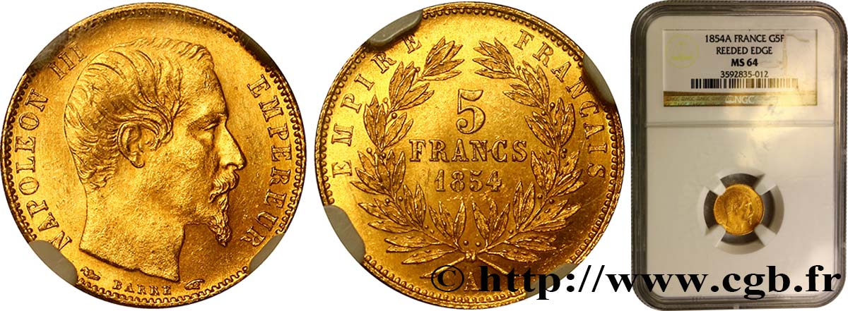 5 francs or Napoléon III, tête nue, petit module, tranche cannelée 1854 Paris F.500A/1 MS64 NGC