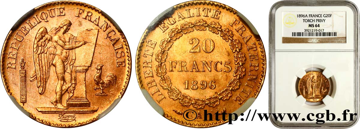 20 francs or Génie, Troisième République, différent torche 1896 Paris F.533/21 SPL64 NGC