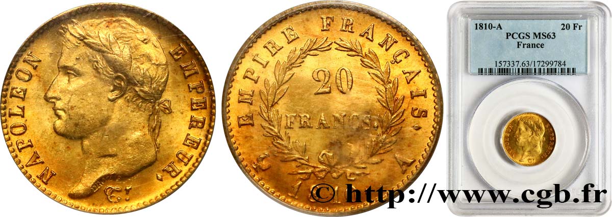 20 francs or Napoléon tête laurée, Empire français 1810 Paris F.516/8 SPL63 PCGS