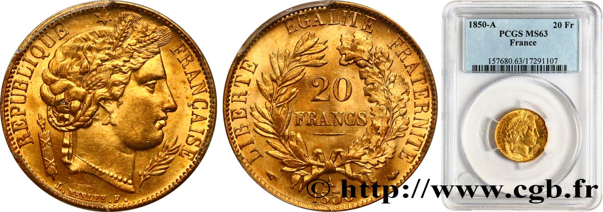20 francs or Cérès 1850 Paris F.529/3 fST63 PCGS
