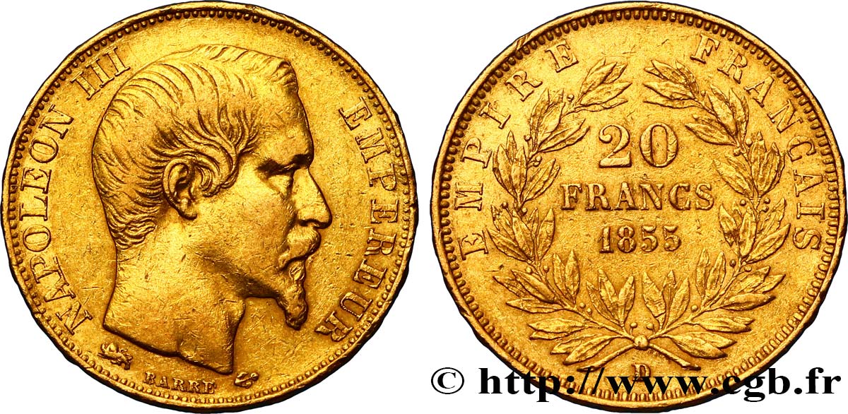 20 francs or Napoléon III, tête nue, Grand Lion 1855 Lyon F.531/8 SS45 