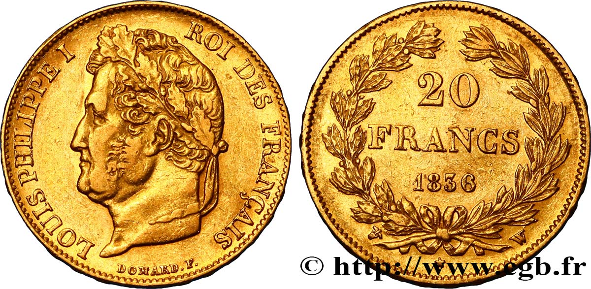 20 francs or Louis-Philippe, Domard 1836 Lille F.527/15 SS45 